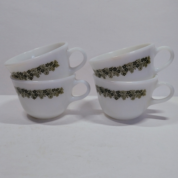 Vintage Pyrex Green Crazy Daisy Spring Blossom Milk Glass Coffee Cups Set of 4 - Picture 2 of 7